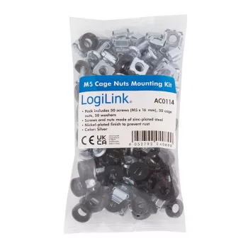 LogiLink 19 tuuman rack-asennussarja M5, 50 osan sarja ruuveilla, häkkimuttereilla ja aluslevyillä, sinkitty teräs