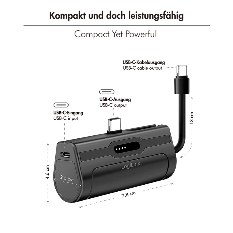 LogiLink kannettava varavirtalähde, LiPo, 4500 mAh, sisäänrakennettu USB-C-pistoke, musta