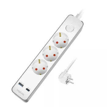 LogiLink LPS287U pistorasialista 3 turvapistorasialla, USB-A & USB-C PD 20W, keinukytkin, 1,5m kaapeli, valkoinen