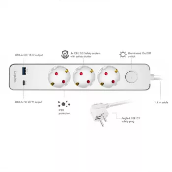 LogiLink LPS287U pistorasialista 3 turvapistorasialla, USB-A & USB-C PD 20W, keinukytkin, 1,5m kaapeli, valkoinen