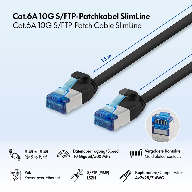 LogiLink Cat.6A Slim S/FTP LSZH -verkkokaapeli, musta, 15 m, SlimLine