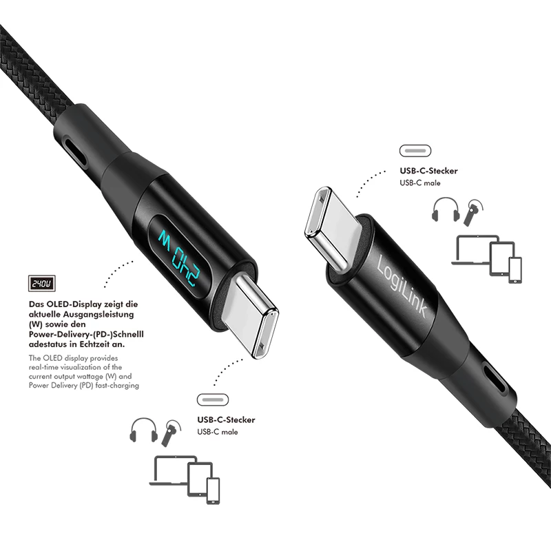 LogiLink USB 2.0 Type-C -kaapeli tehonäytöllä, C/M - C/M, 480 Mbps, 240W PD 3.1, nylonpunottu, musta, 1 m