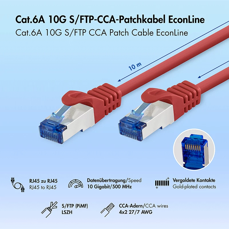 LogiLink Cat.6A CCA S/FTP LSZH -patchkaapeli, punainen, 10 m, EconLine