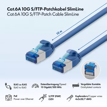 LogiLink Cat.6A Slim S/FTP LSZH -patchkaapeli, 10 m, sininen