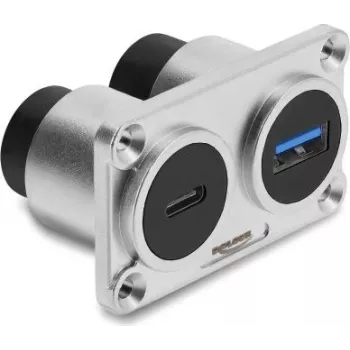 Delock Dual Panel Mount USB 3.2 Gen 1 Type-A liitin + USB 3.2 Gen 2 Type-C liitin 100 W Power Delivery, hopea