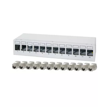 LogiLink NK4093 työpöytä-patchpaneeli Cat.6A, 12 porttia, vaaleanharmaa (RAL 7035), suojattu, ruuviton teräs