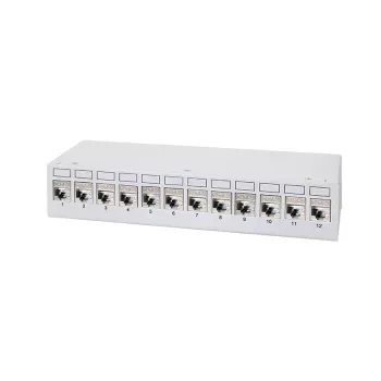 LogiLink NK4093 työpöytä-patchpaneeli Cat.6A, 12 porttia, vaaleanharmaa (RAL 7035), suojattu, ruuviton teräs