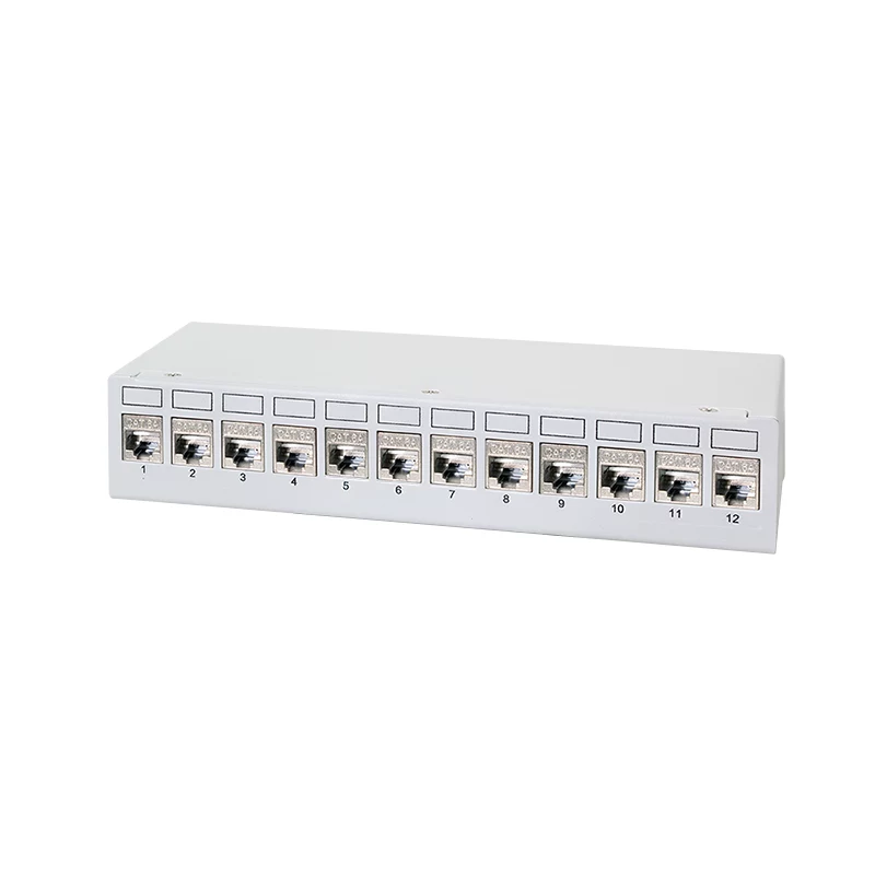 LogiLink NK4093 työpöytä-patchpaneeli Cat.6A, 12 porttia, vaaleanharmaa (RAL 7035), suojattu, ruuviton teräs