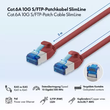 LogiLink SlimLine Cat.6A S/FTP LSZH patch-kaapeli, punainen, 3m, 10Gbps