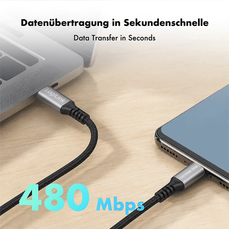 LogiLink USB 2.0 Type-C kaapeli, C/M - C/M, 480 Mbps, 240W, nailon, metalli, musta/hopea, 1,5 m