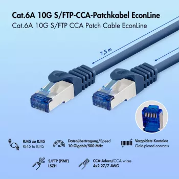 LogiLink EconLine Cat.6A S/FTP LSZH patch-kaapeli, CCA, sininen, 7,5 m