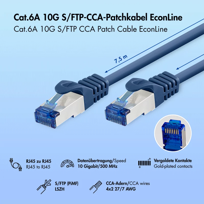 LogiLink EconLine Cat.6A S/FTP LSZH patch-kaapeli, CCA, sininen, 7,5 m