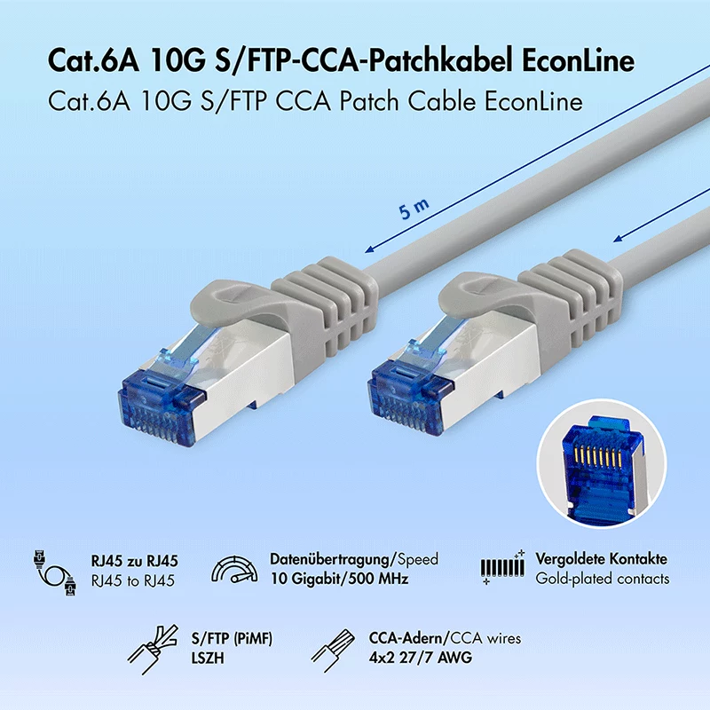 LogiLink Cat.6A CCA S/FTP LSZH patch-kaapeli, harmaa, 5 m, EconLine