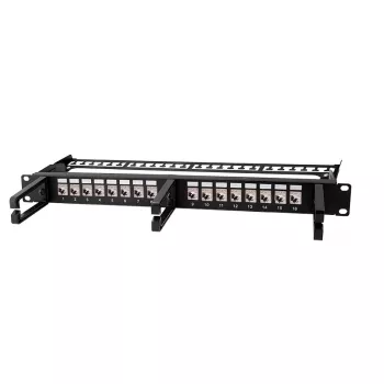 LOGILINK modulaarinen 16-porttinen Cat.6A Keystone-patchpaneeli, 19/1U, 3 kaapelirenkaalla, musta