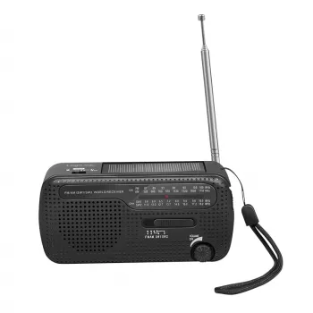 LogiLink Dynamo kampiradio aurinkopaneelilla, AM/FM, USB-C-lataus, LED-taskulamppu, SOS-hälytys, varavirtalähde, musta