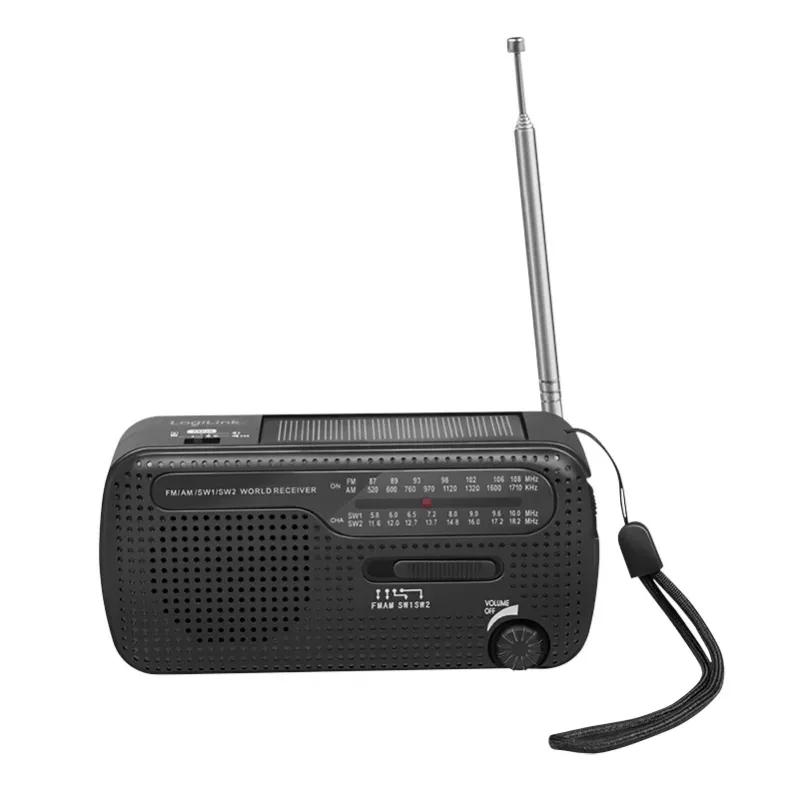 LogiLink Dynamo kampiradio aurinkopaneelilla, AM/FM, USB-C-lataus, LED-taskulamppu, SOS-hälytys, varavirtalähde, musta