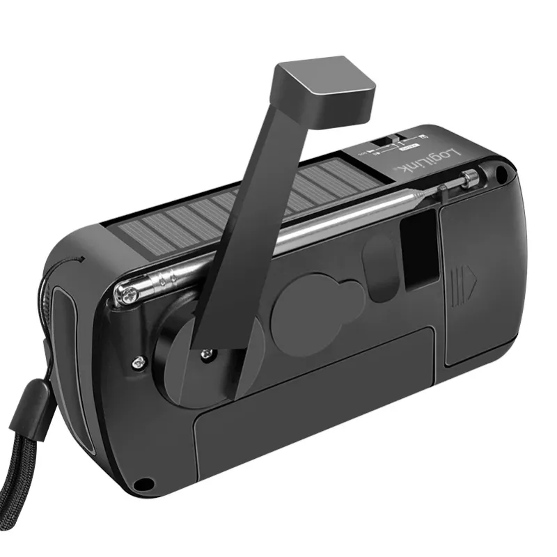LogiLink Dynamo kampiradio aurinkopaneelilla, AM/FM, USB-C-lataus, LED-taskulamppu, SOS-hälytys, varavirtalähde, musta