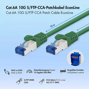 LogiLink Cat.6A S/FTP LSZH patchkaapeli, CCA, vihreä, 10 m, EconLine