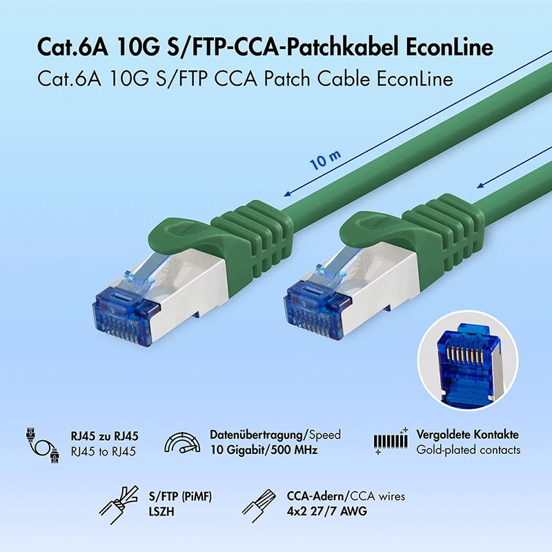 LogiLink Cat.6A S/FTP LSZH patchkaapeli, CCA, vihreä, 10 m, EconLine