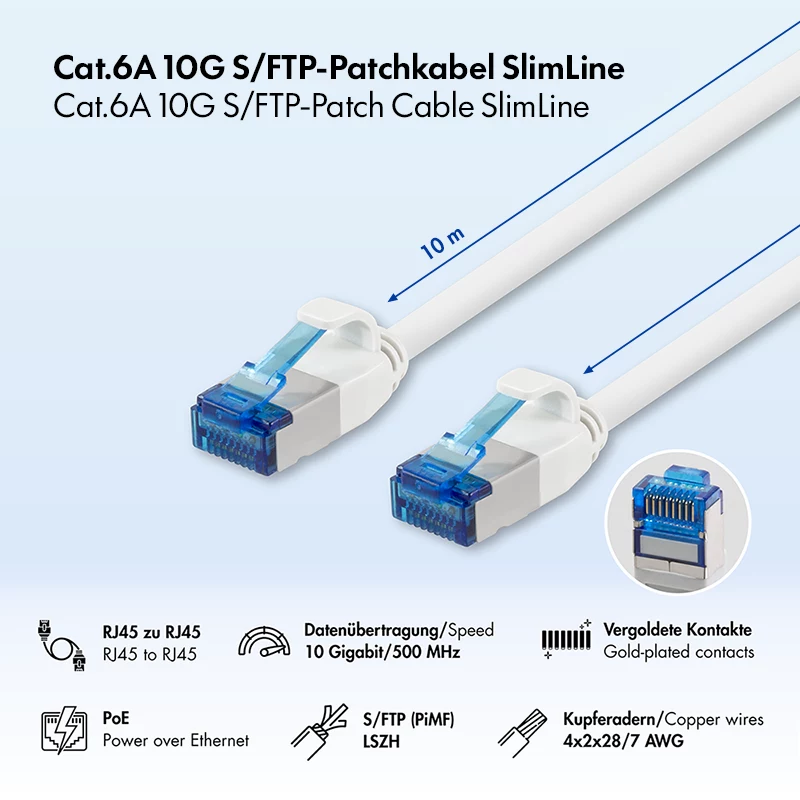 LogiLink Cat.6A ohut S/FTP LSZH patchkaapeli, valkoinen, 10 m, SlimLine