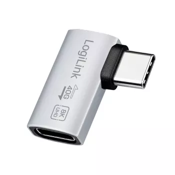 LogiLink USB4 Type-C 90° -adapteri, C/M–C/F, 40 Gbit/s, 240W, 8K/60Hz, alumiini, hopea
