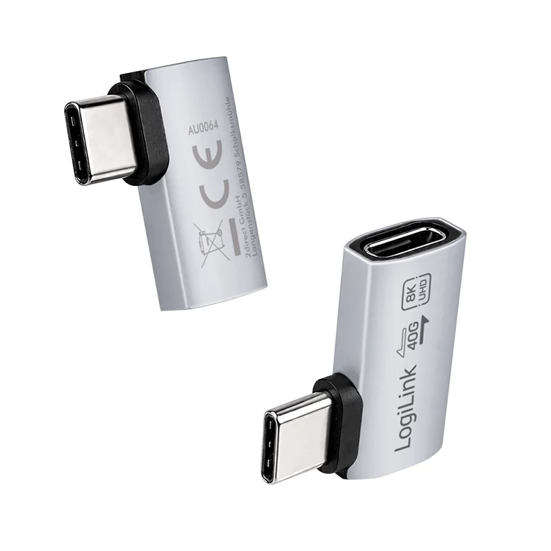 LogiLink USB4 Type-C 90° -adapteri, C/M–C/F, 40 Gbit/s, 240W, 8K/60Hz, alumiini, hopea