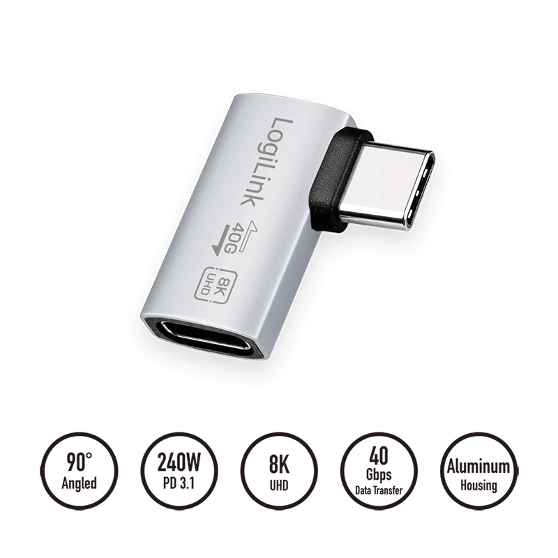 LogiLink USB4 Type-C 90° -adapteri, C/M–C/F, 40 Gbit/s, 240W, 8K/60Hz, alumiini, hopea