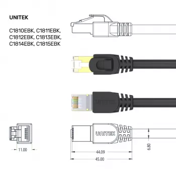 UNITEK Cat.7 S/FTP 2,0 m Ethernet-verkkokaapeli, 10 Gbit/s, 600 MHz, kullatut RJ45-liittimet, musta