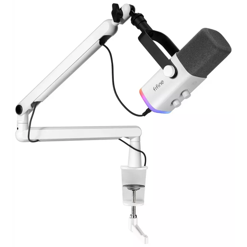 FIFINE TAM8W dynaaminen XLR/USB-podcast-mikrofoni puomivarrella, valkoinen