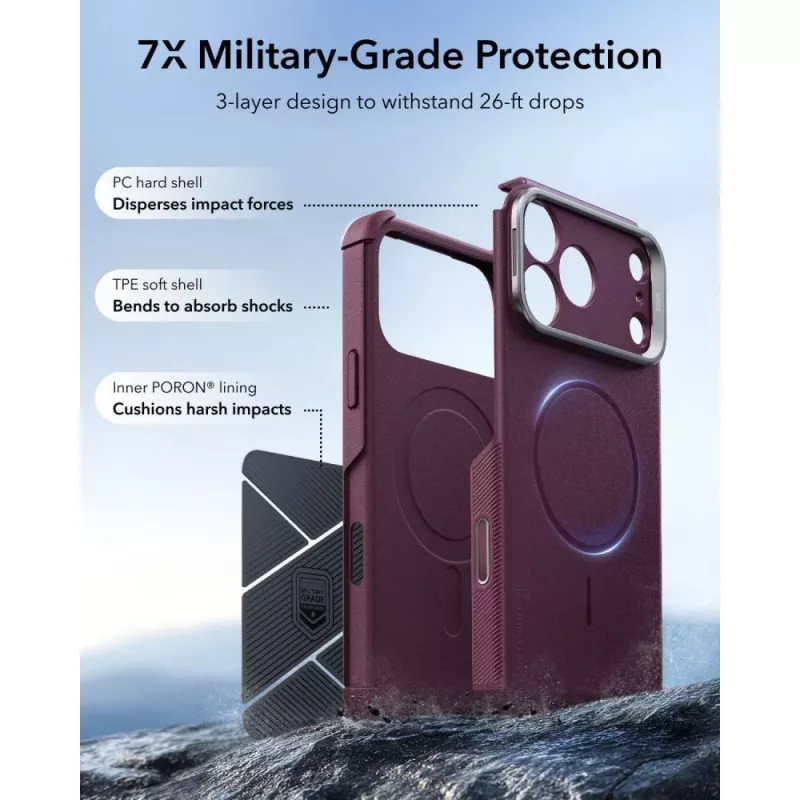 ESR Cyber Tough Kickstand MagSafe kotelo iPhone 17 Pro Max / 18 Pro Max – tummanpunainen