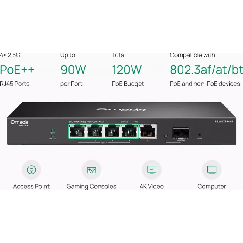 TP-Link Omada Easy Managed 5-porttinen 2.5G PoE++ kytkin 10G SFP+ uplink (ES206XPP-M2)
