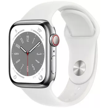 Apple Watch Series 8 GPS + Cellular 41mm ruostumattomasta teräksestä valmistettu kotelo ja urheiluranneke, hopea/valkoinen (MNJ53EL/A)
