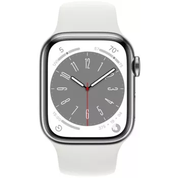 Apple Watch Series 8 GPS + Cellular 41mm ruostumattomasta teräksestä valmistettu kotelo ja urheiluranneke, hopea/valkoinen (MNJ53EL/A)