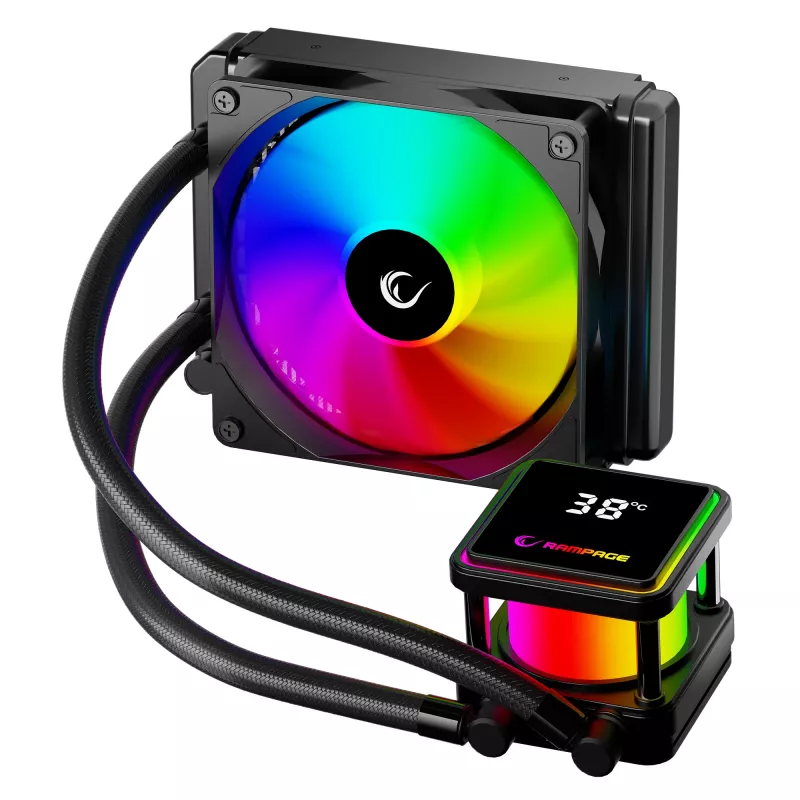 Rampage INFINITE V120 ARGB 120 mm neste-CPU-jäähdytin lämpötilanäytöllä, musta