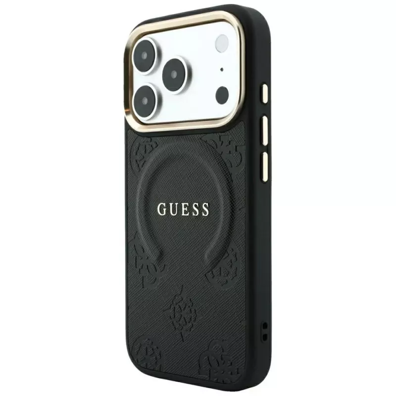 GUESS Saffiano Peony & Ring MagSafe -kotelo iPhone 18 Pro / 17 Pro - musta