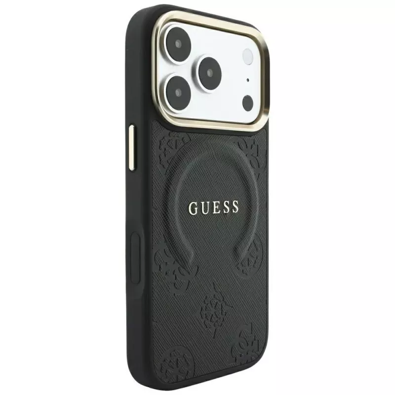 GUESS Saffiano Peony & Ring MagSafe -kotelo iPhone 18 Pro / 17 Pro - musta