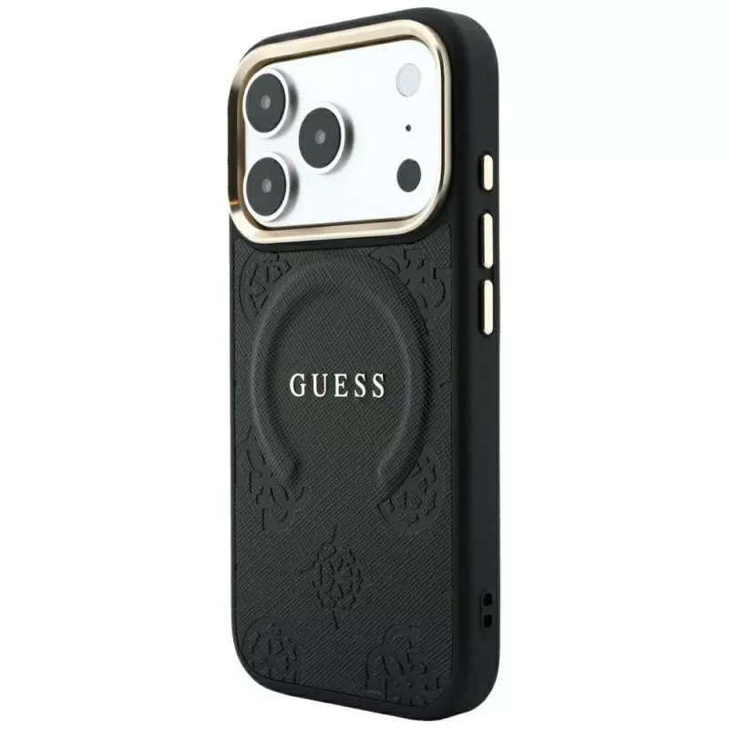 Guess Saffiano Peony & Ring MagSafe -kotelo iPhone 18 Pro Max / 17 Pro Max - musta