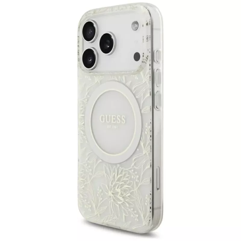 GUESS IML Flowers Allover Electroplated MagSafe -kotelo helmikorulla iPhone 18 Pro / 17 Pro - valkoinen