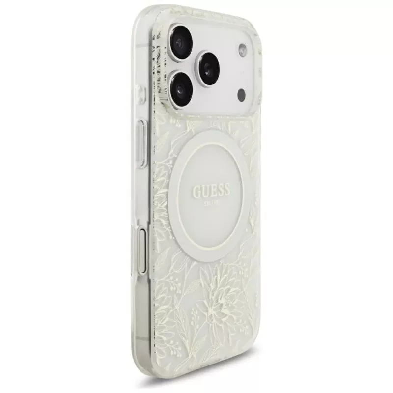 GUESS IML Flowers Allover Electroplated MagSafe -kotelo helmikorulla iPhone 18 Pro / 17 Pro - valkoinen
