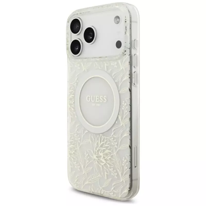 GUESS IML Flowers Allover Electroplated -kotelo helmirannekorulla MagSafe iPhone 18 Pro Max / 17 Pro Max valkoinen