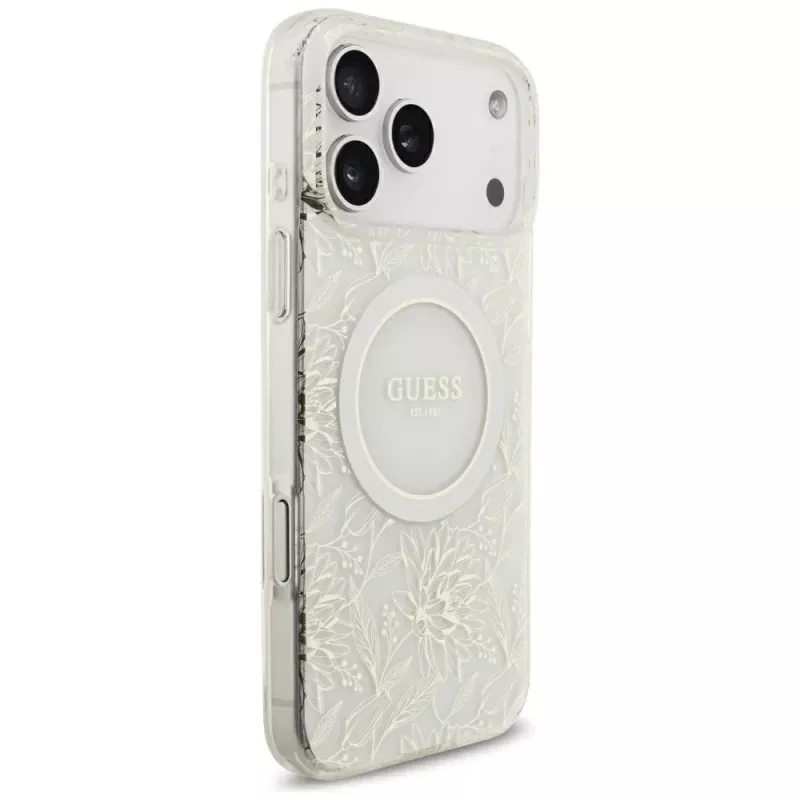 GUESS IML Flowers Allover Electroplated -kotelo helmirannekorulla MagSafe iPhone 18 Pro Max / 17 Pro Max valkoinen