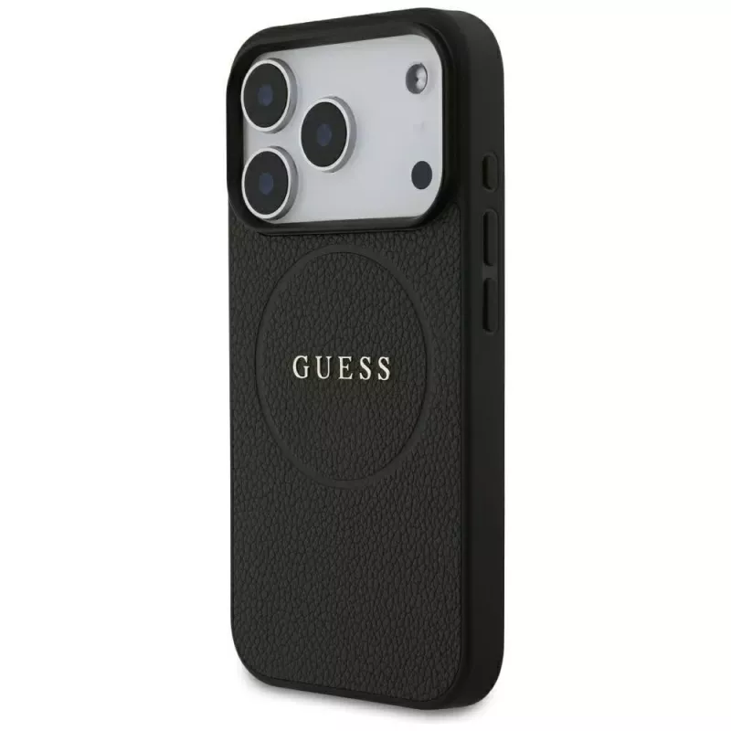 Guess Grained Gold Ring MagSafe -kotelo Apple iPhone 17 Pro / 18 Pro, musta