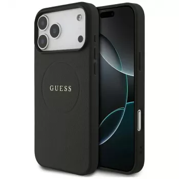 Guess Grained Gold Ring MagSafe -kotelo Apple iPhone 18 Pro Max / 17 Pro Max, musta