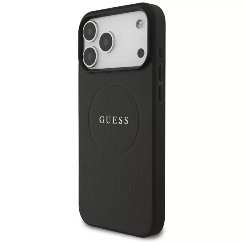 Guess Grained Gold Ring MagSafe -kotelo Apple iPhone 18 Pro Max / 17 Pro Max, musta