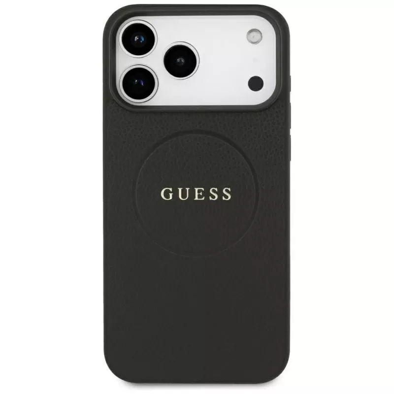 Guess Grained Gold Ring MagSafe -kotelo Apple iPhone 18 Pro Max / 17 Pro Max, musta