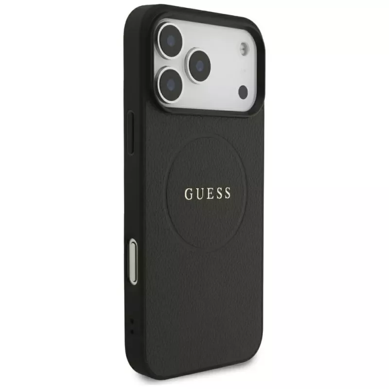 Guess Grained Gold Ring MagSafe -kotelo Apple iPhone 18 Pro Max / 17 Pro Max, musta