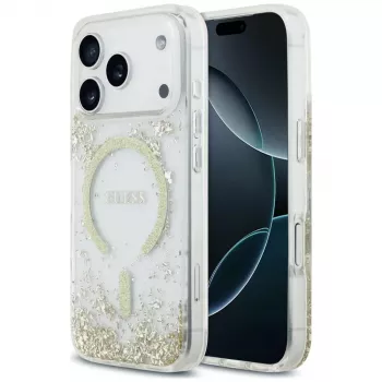 Guess Resin Bottom Glitter MagSafe -kotelo iPhone 18 Pro / 17 Pro, kulta