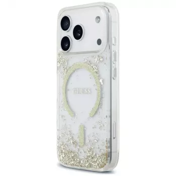 Guess Resin Bottom Glitter MagSafe -kotelo iPhone 18 Pro / 17 Pro, kulta