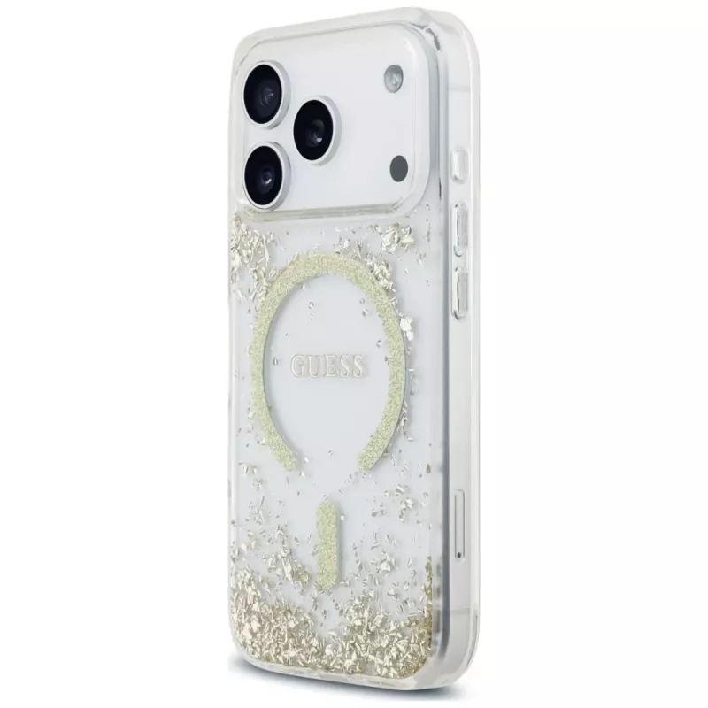 Guess Resin Bottom Glitter MagSafe -kotelo iPhone 18 Pro / 17 Pro, kulta