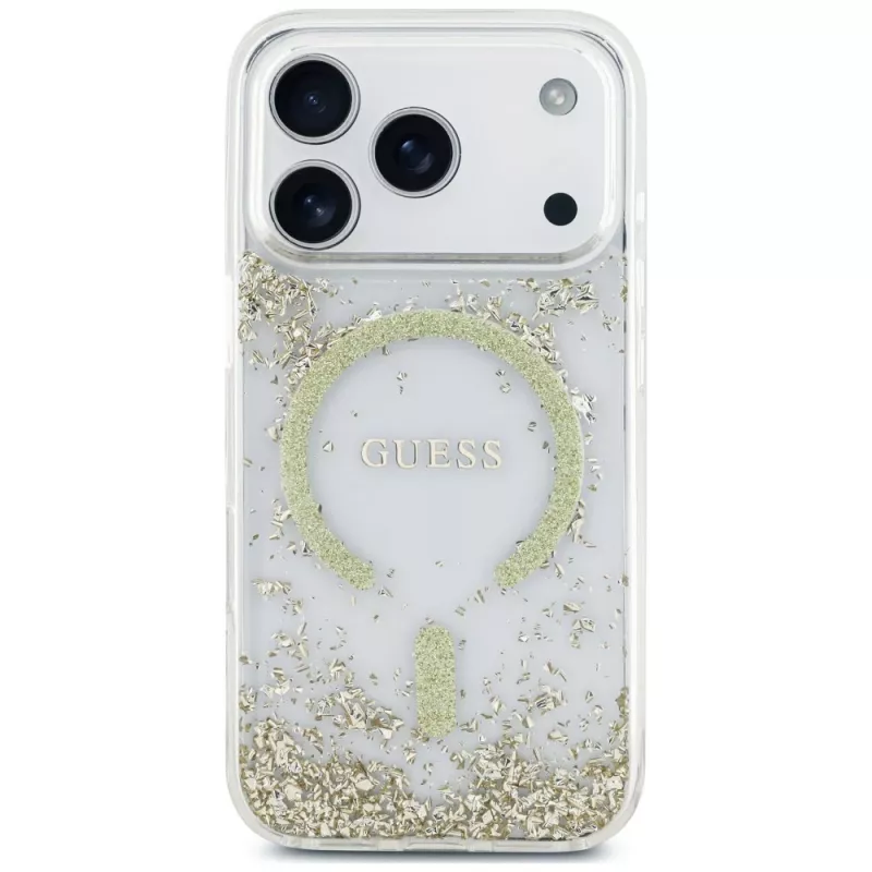 Guess Resin Bottom Glitter MagSafe -kotelo iPhone 18 Pro / 17 Pro, kulta